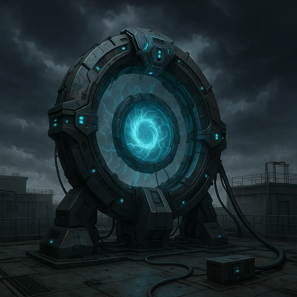 Discover a puzzle with a dramatic sci‑fi portal standing on a stormy rooftop: a large, weathered metallic ring pulsates with swirling teal-blue energy at its ce