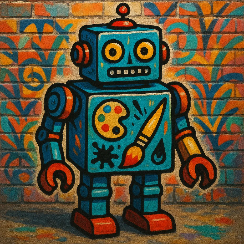 Try solving a puzzle that shows a charming, retro-style robot painted in bold teal, orange, yellow and red against a textured brick wall decorated with colorful