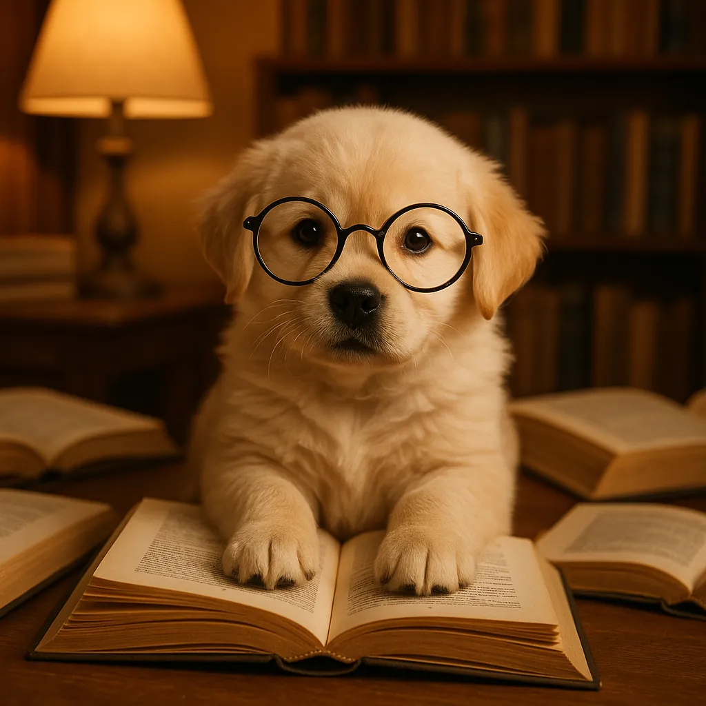 Discover a puzzle with an adorable puppy wearing round glasses, resting its paws on an open book amid a softly lit study.