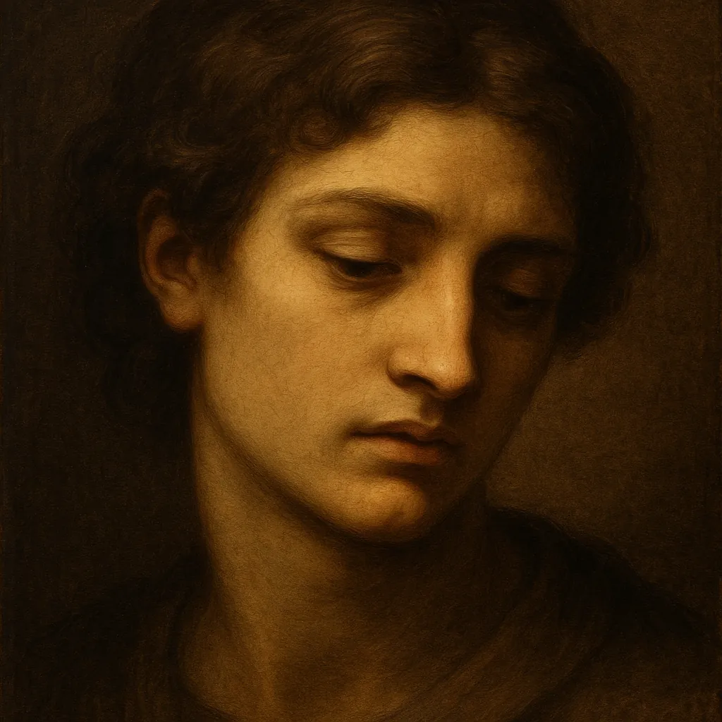 Discover a puzzle with a softly lit classical portrait in warm sepia tones, showing a contemplative young face turned slightly downward and framed by gentle cur