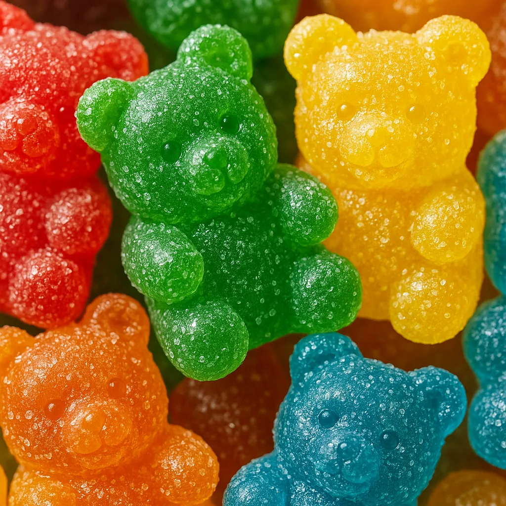 Discover a puzzle with a close-up of colorful gummy bear candies arranged in a cheerful mosaic.