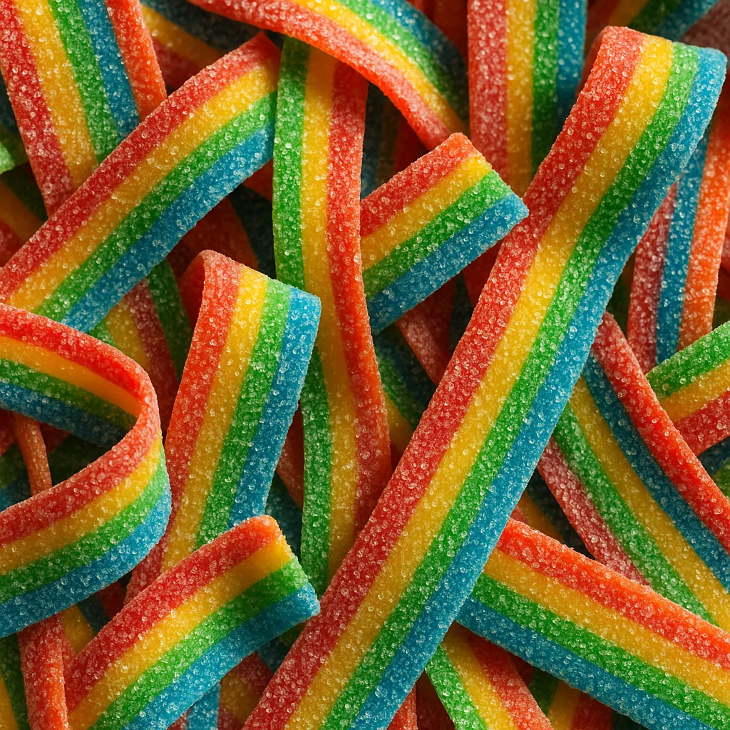 Discover a puzzle with a close-up of rainbow sour belt candy, where vivid bands of red, orange, yellow, green, and blue are dusted in sparkling sugar crystals.