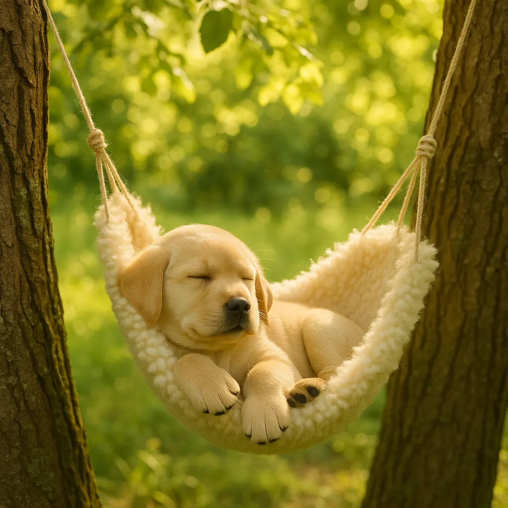 Discover a puzzle with an adorable golden Labrador puppy sleeping comfortably in a soft, woolly hammock strung between two trees.