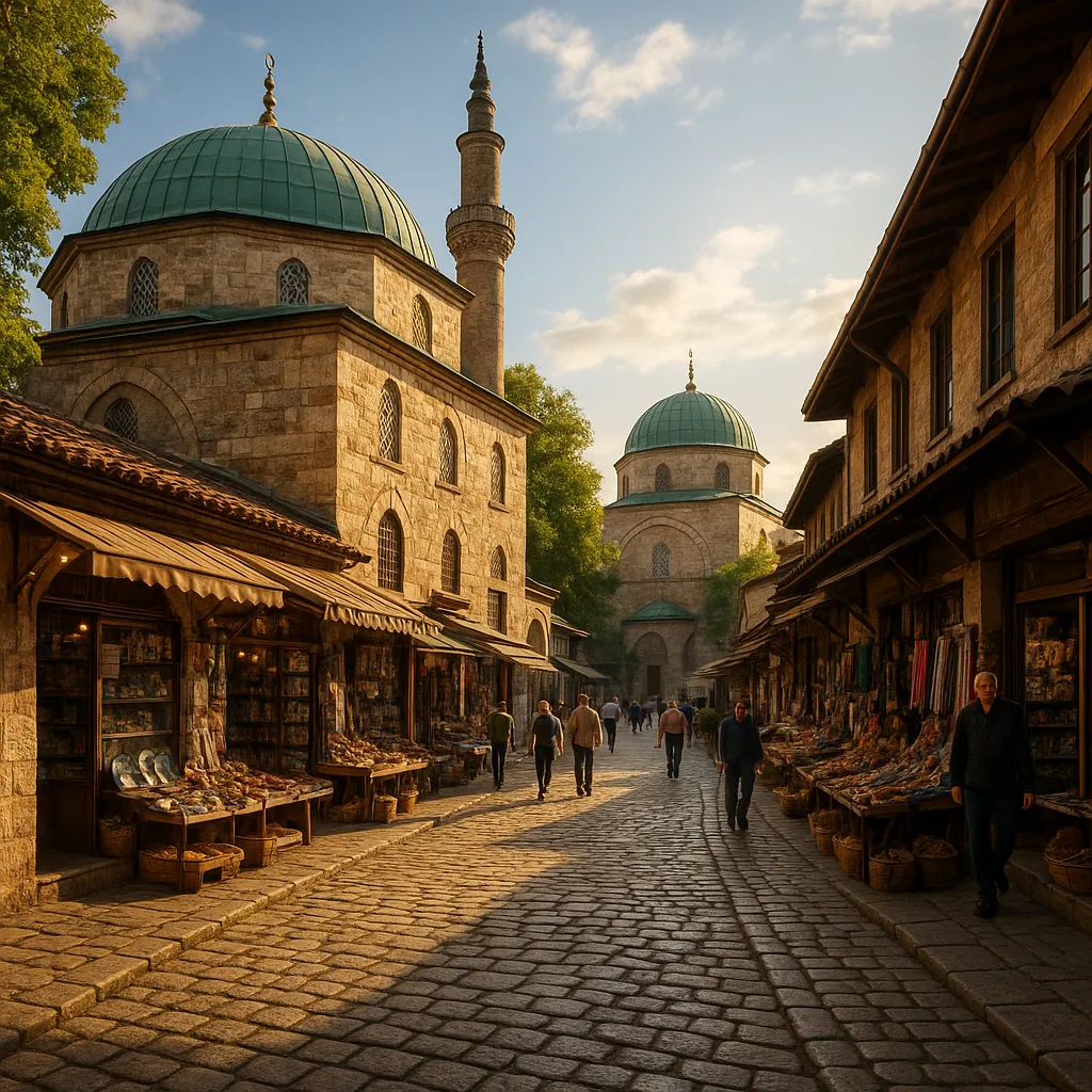 Enjoy assembling a puzzle depicting a sunlit historic bazaar framed by sandstone buildings, green-domed mosques, and a graceful minaret rising into a soft blue