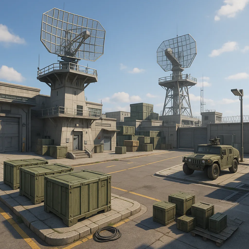 Discover a puzzle with a quiet military base scene: concrete buildings and towering radar arrays rise against a soft blue sky while rows of olive-green wooden c