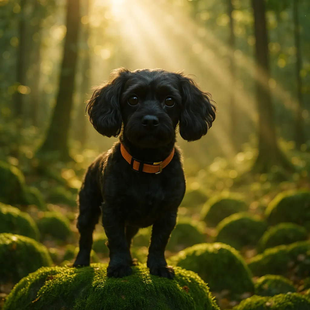 Discover a puzzle with an adorable black dog wearing an orange collar standing on vibrant moss-covered stones in a sunlit forest.