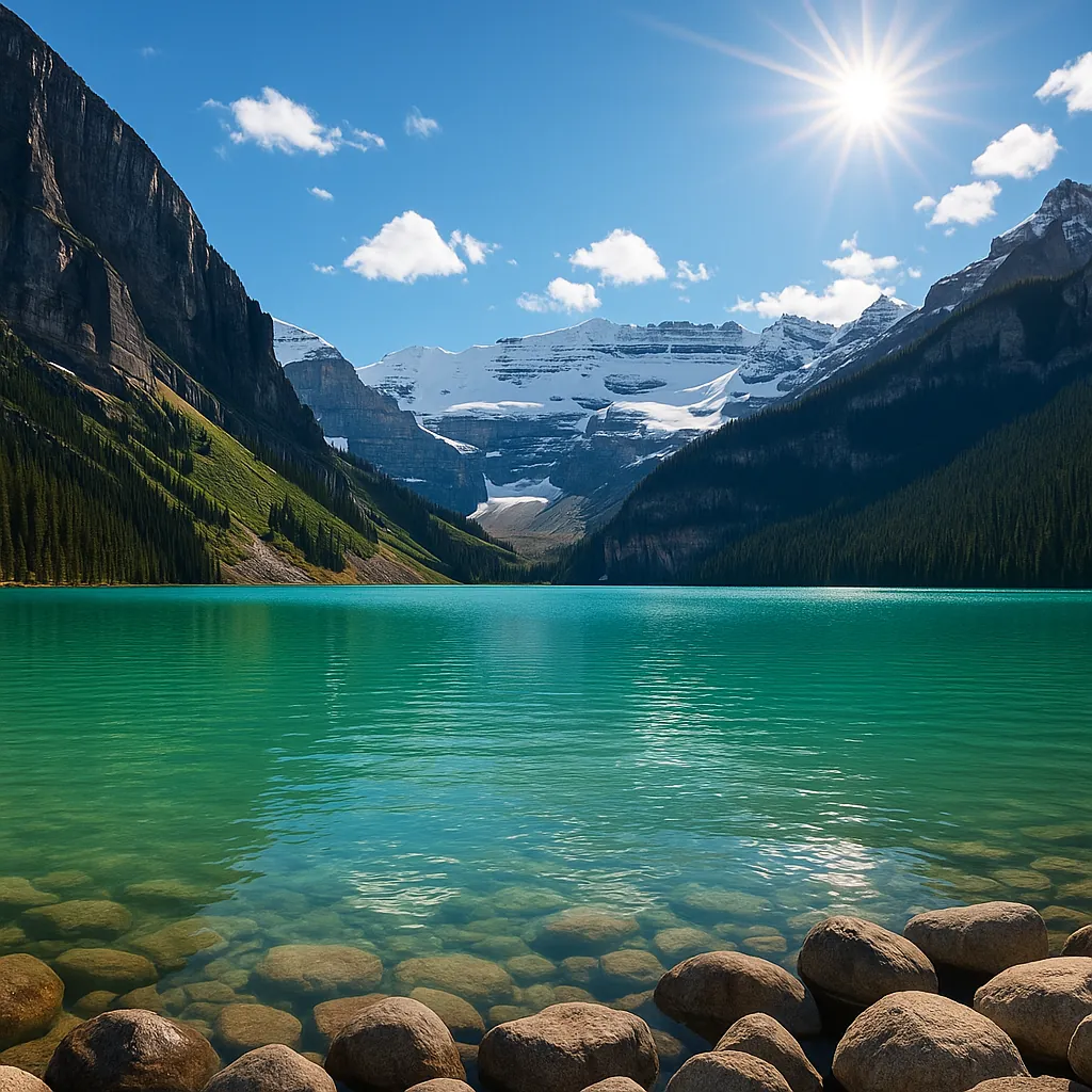 Discover a puzzle with a serene mountain lake scene featuring vivid turquoise water in the foreground, smooth sunlit rocks along the shore, and dense evergreen