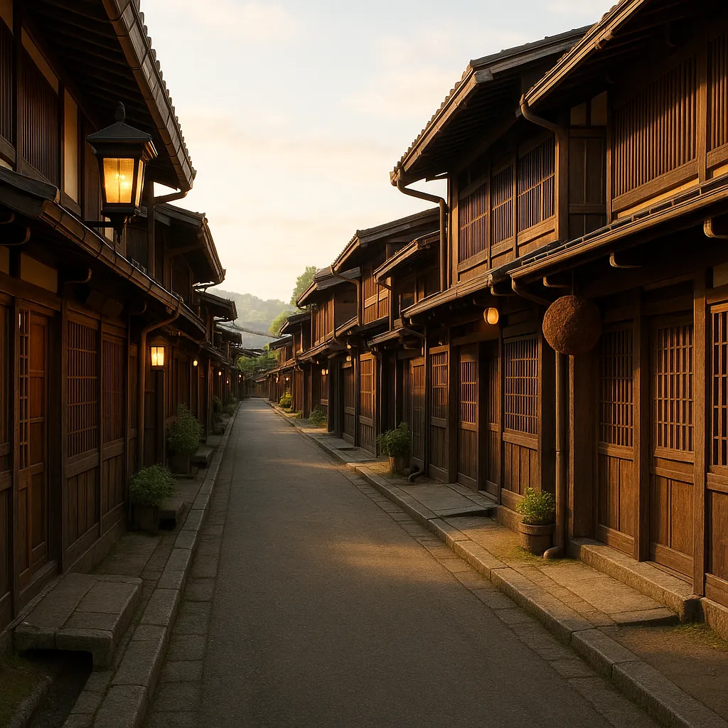 Discover a puzzle with a tranquil, narrow street lined by traditional wooden Japanese buildings bathed in warm golden light, softly glowing lanterns, and neat p