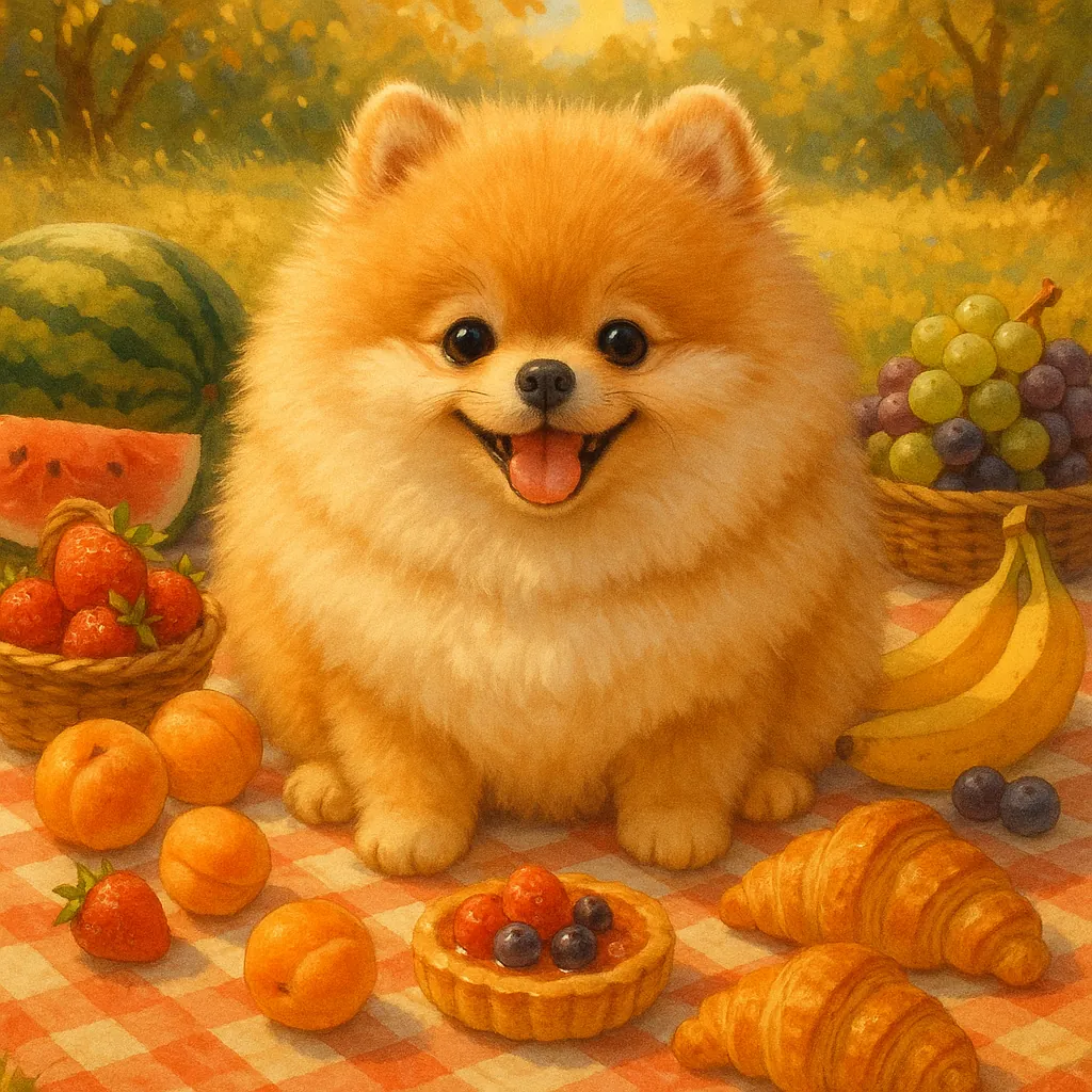 Discover a puzzle with an adorable fluffy Pomeranian puppy sitting at a sunny picnic surrounded by ripe fruit — strawberries, apricots, watermelon and grapes