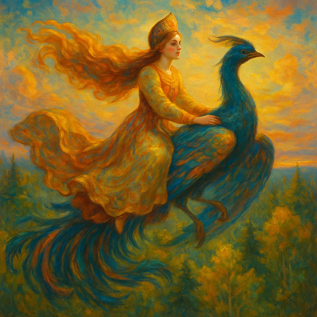 Discover a puzzle with a dreamy, storybook scene of a graceful young woman in flowing golden robes riding a majestic blue-feathered bird across a glowing sunset