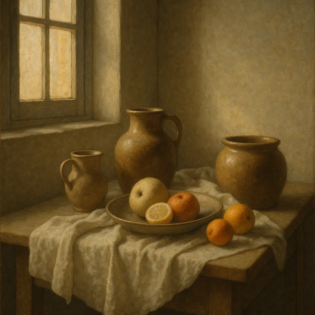 Discover a puzzle with a serene still-life scene of rustic earthenware jugs and a shallow bowl of fruit set on a draped wooden table by a softly glowing window.