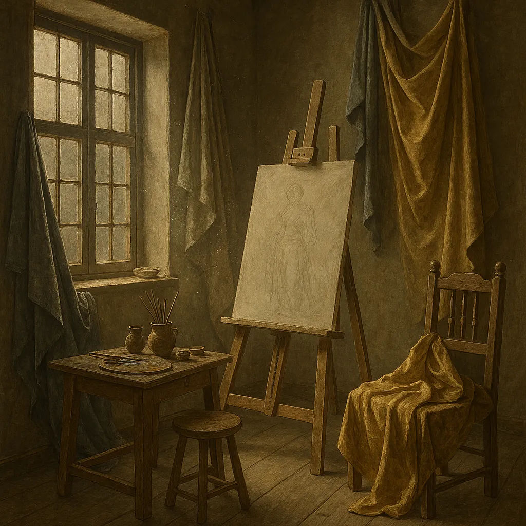 Discover a puzzle with a quiet artist’s studio bathed in warm, golden-sepia light.