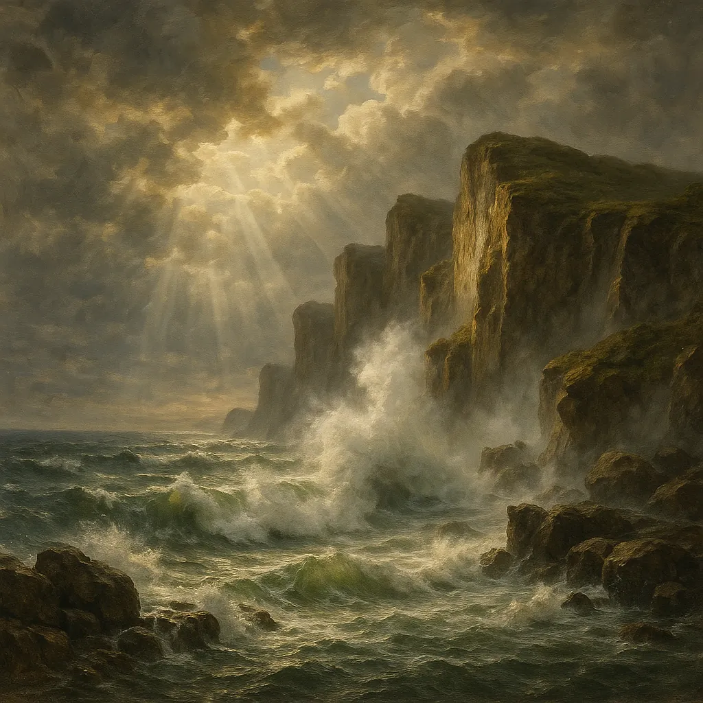 Discover a puzzle with a dramatic seascape showing towering, weather-worn cliffs and foaming waves crashing against rocky shores under a brooding, cloud-filled