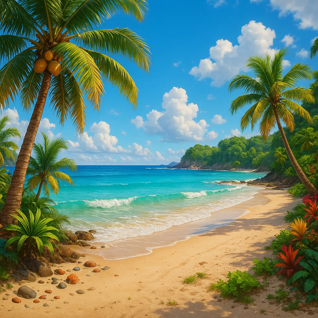 Discover a puzzle with a sunlit tropical beach scene framed by swaying palm trees and clusters of coconuts.