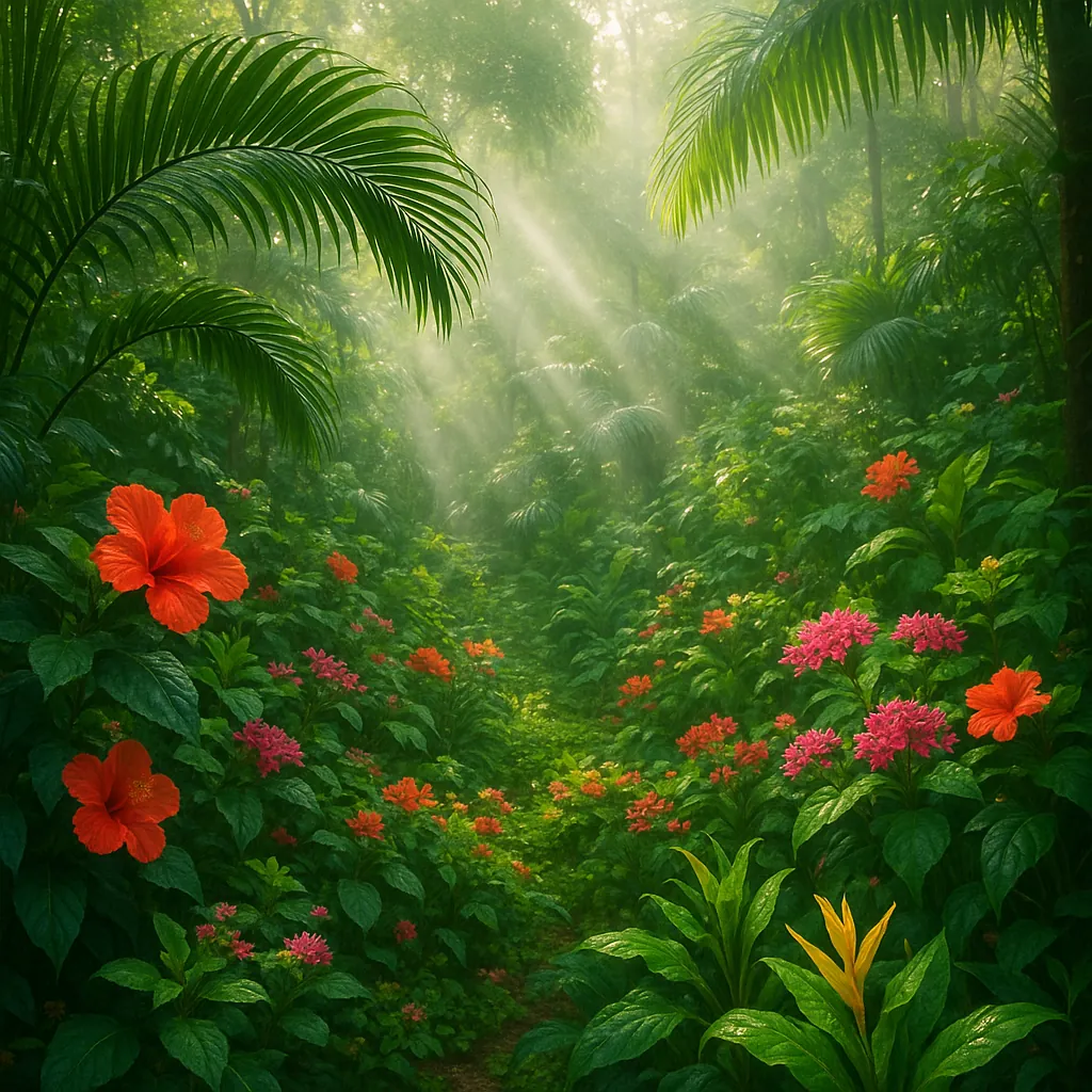 Discover a puzzle with a sunlit tropical jungle path framed by lush green foliage and vivid blooms — deep emerald palms and ferns create a verdant canopy while