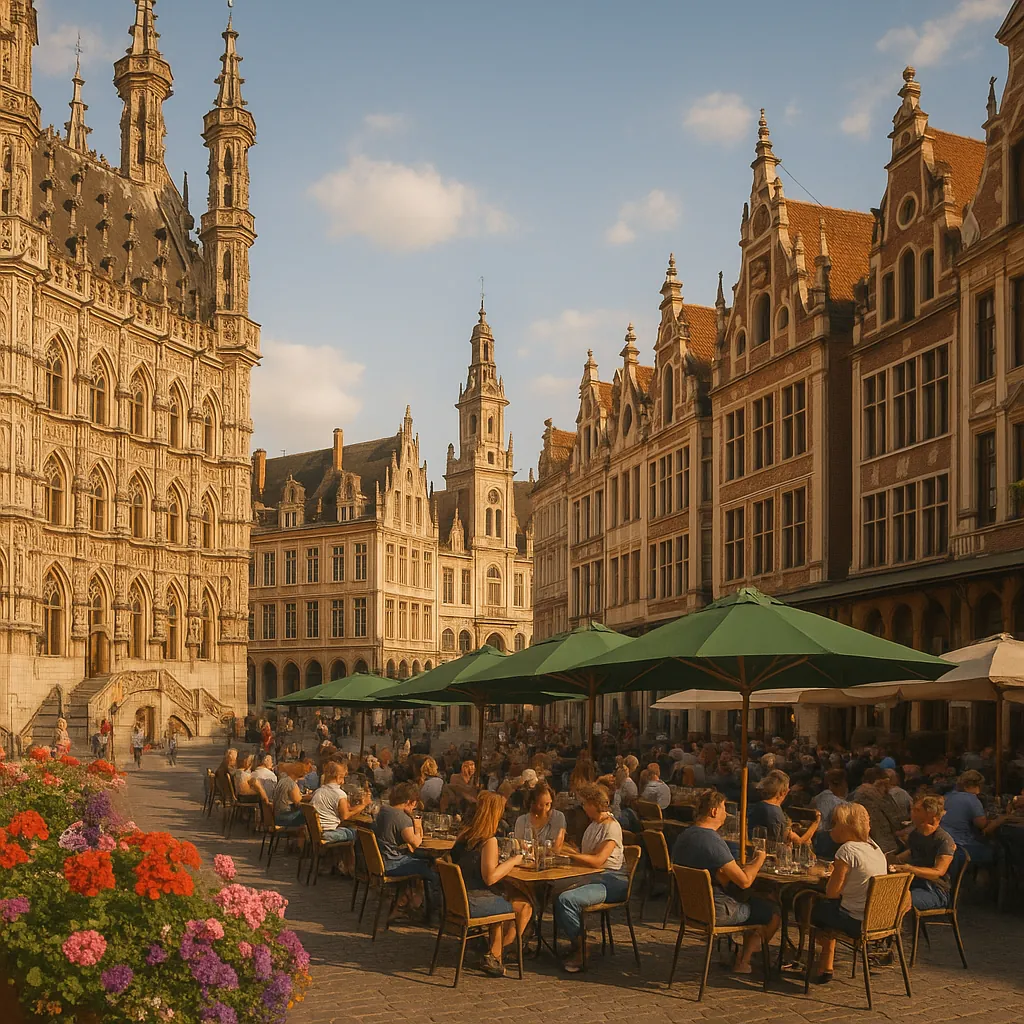 Discover a puzzle with a sunlit European square lined by ornate historic buildings and a bustling outdoor café.