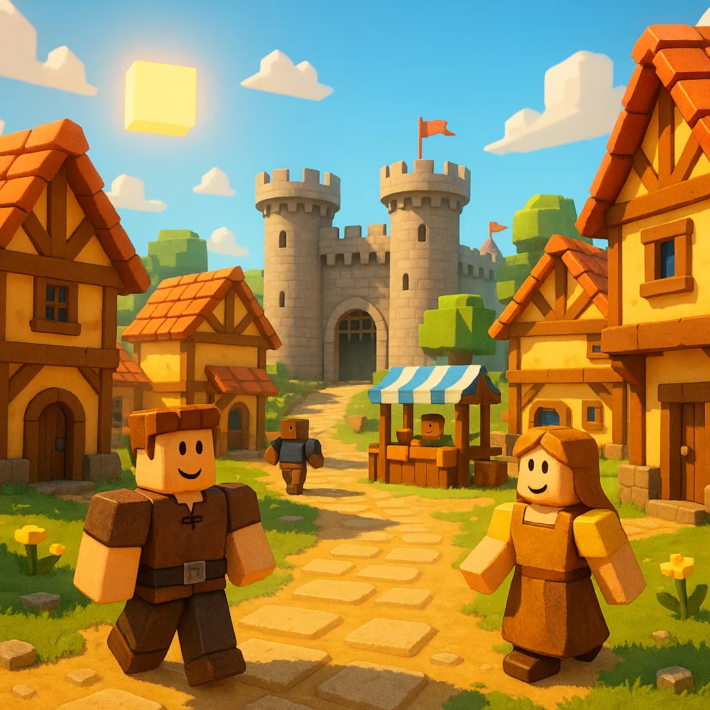Discover a puzzle with a charming, blocky medieval village scene: a sunlit stone castle rises in the background while warm-toned cottages with red-tiled roofs l