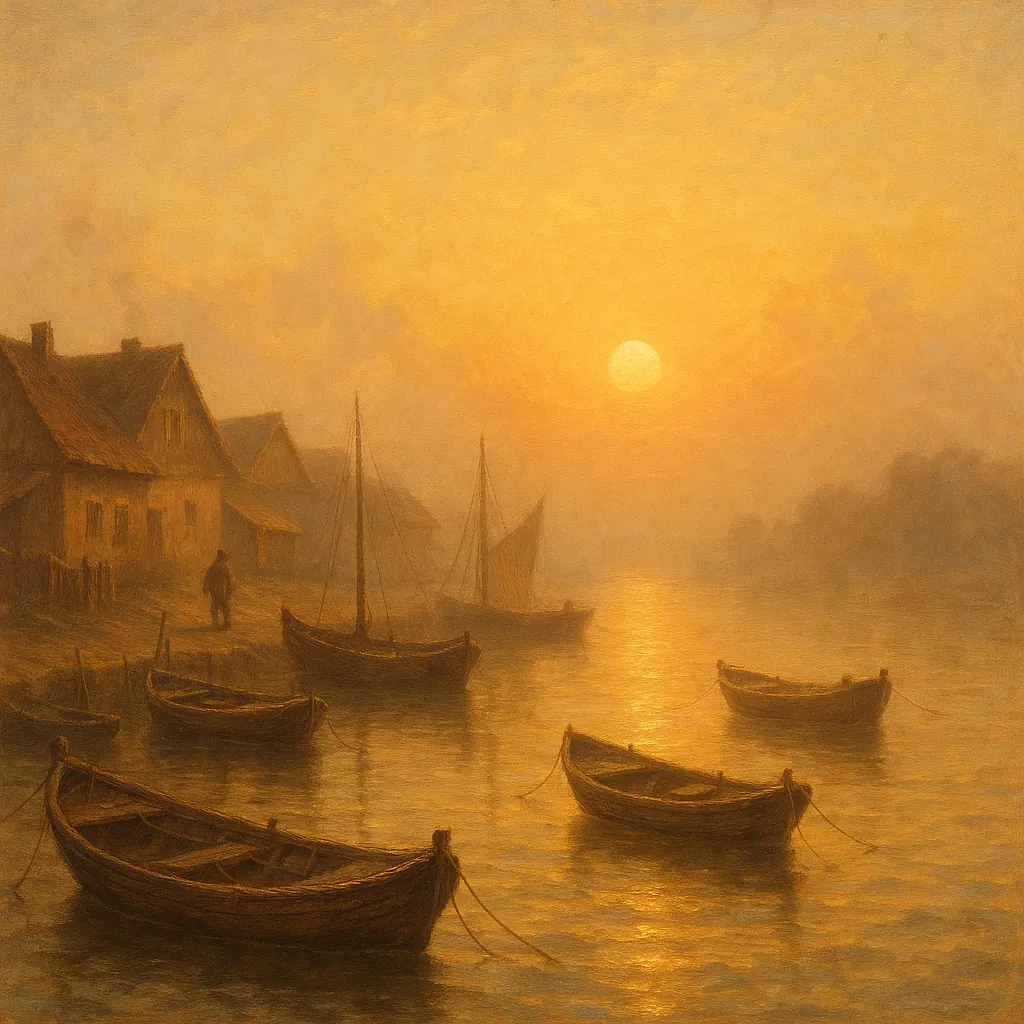 Discover a puzzle with a tranquil golden harbor scene at sunrise, where wooden rowboats and small sailboats drift gently on reflective water beneath a soft, glo