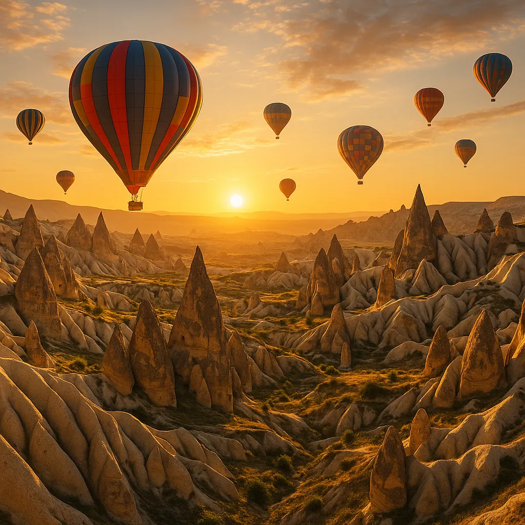 Discover a puzzle with colorful hot air balloons drifting above a rugged, fairy‑chimney valley at sunrise.