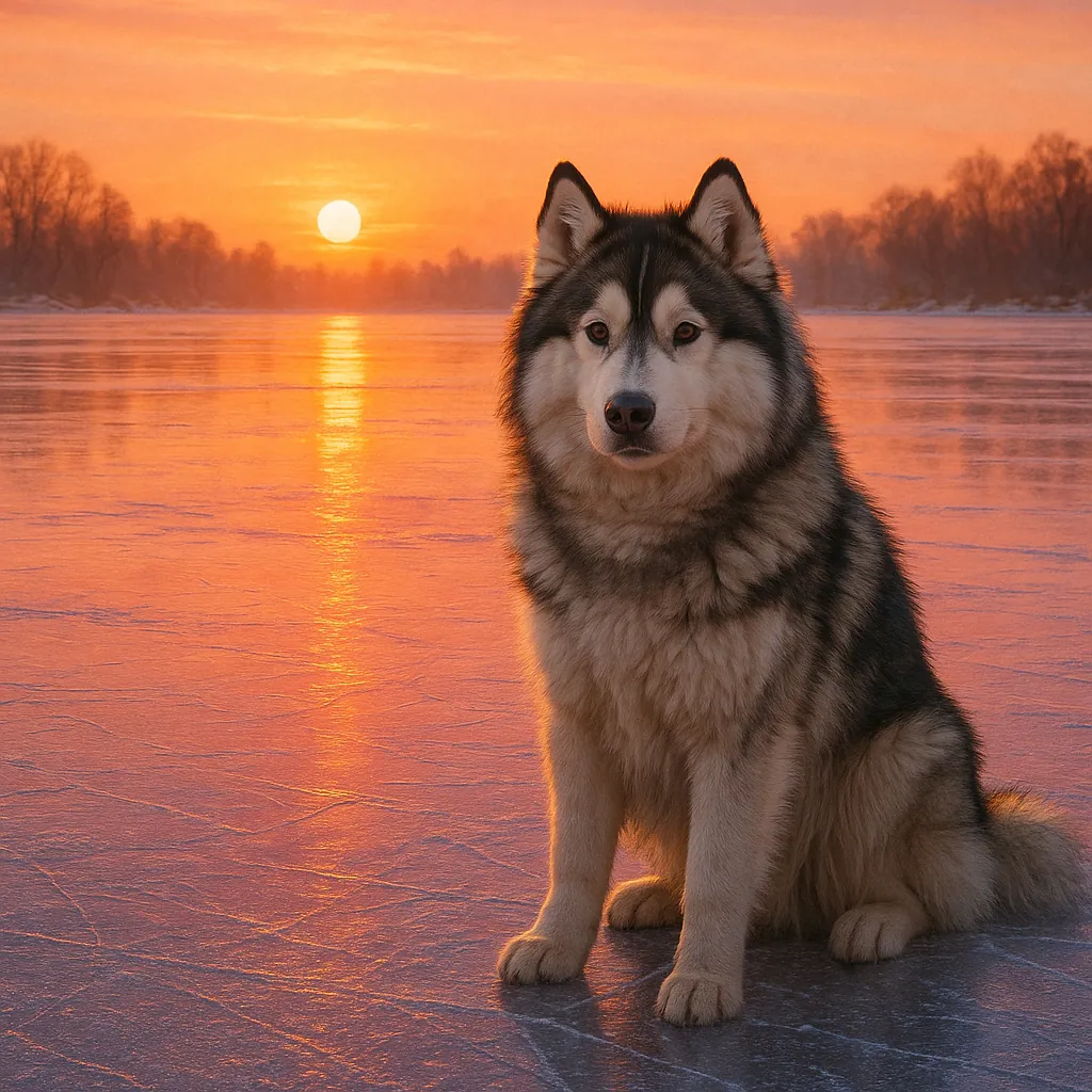 Enjoy assembling a puzzle depicting a majestic husky-like dog sitting on a glassy frozen lake as the sun sets, casting warm orange and pink glows across the ice