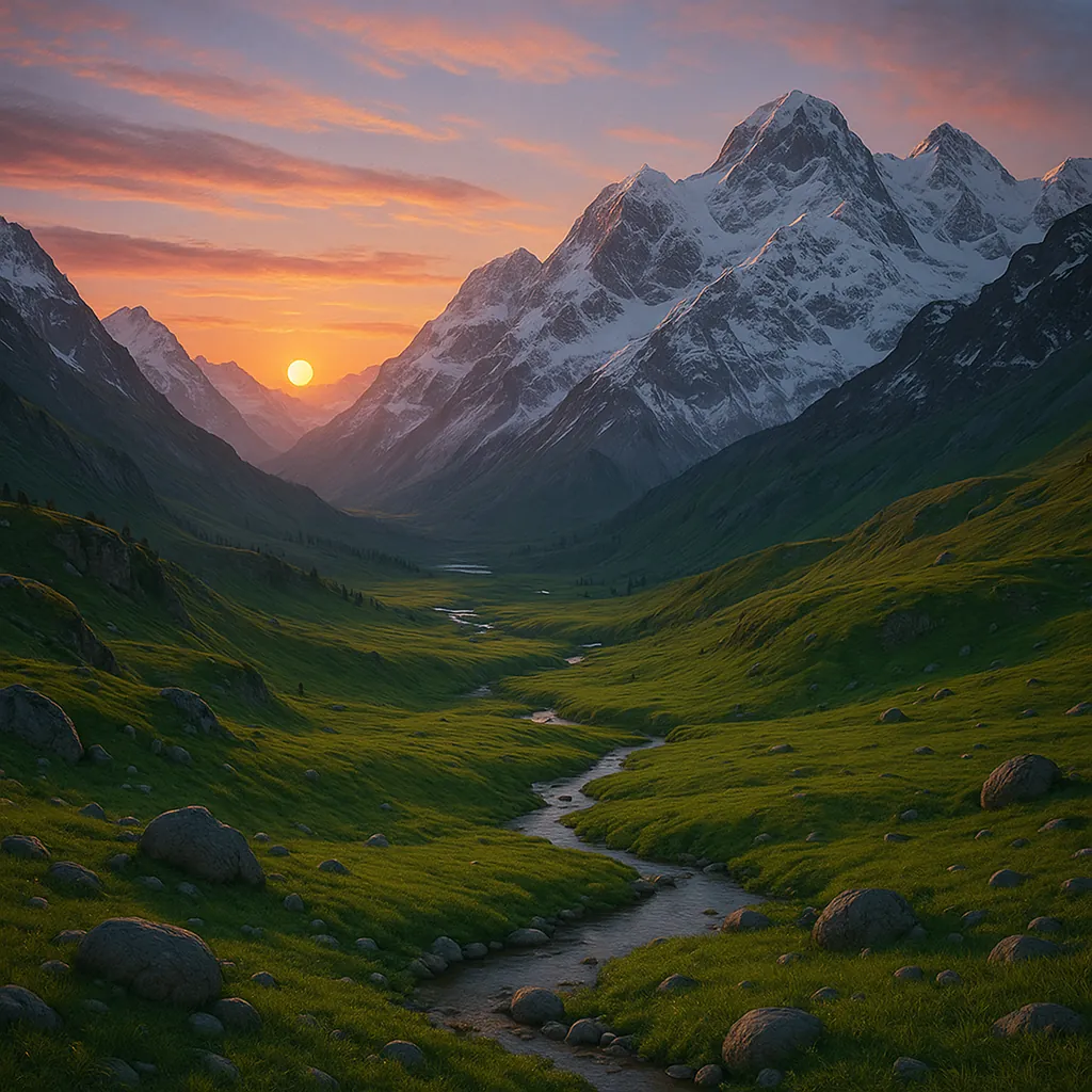Discover a puzzle with a tranquil alpine valley at sunset, where a golden sun sinks between snow‑capped peaks and paints the clouds in warm pinks and oranges.