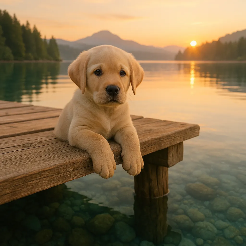 Enjoy assembling a puzzle depicting an adorable golden Labrador puppy resting on a weathered wooden dock at sunset.