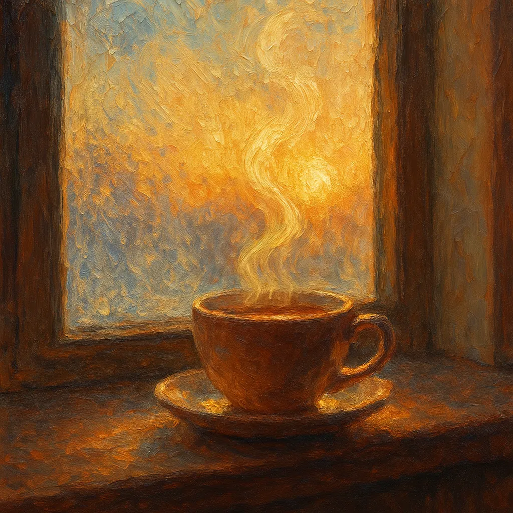 Discover a puzzle with a steaming cup of tea settled on a windowsill, painted in warm, honeyed tones that glow like a sunrise caught in oil.