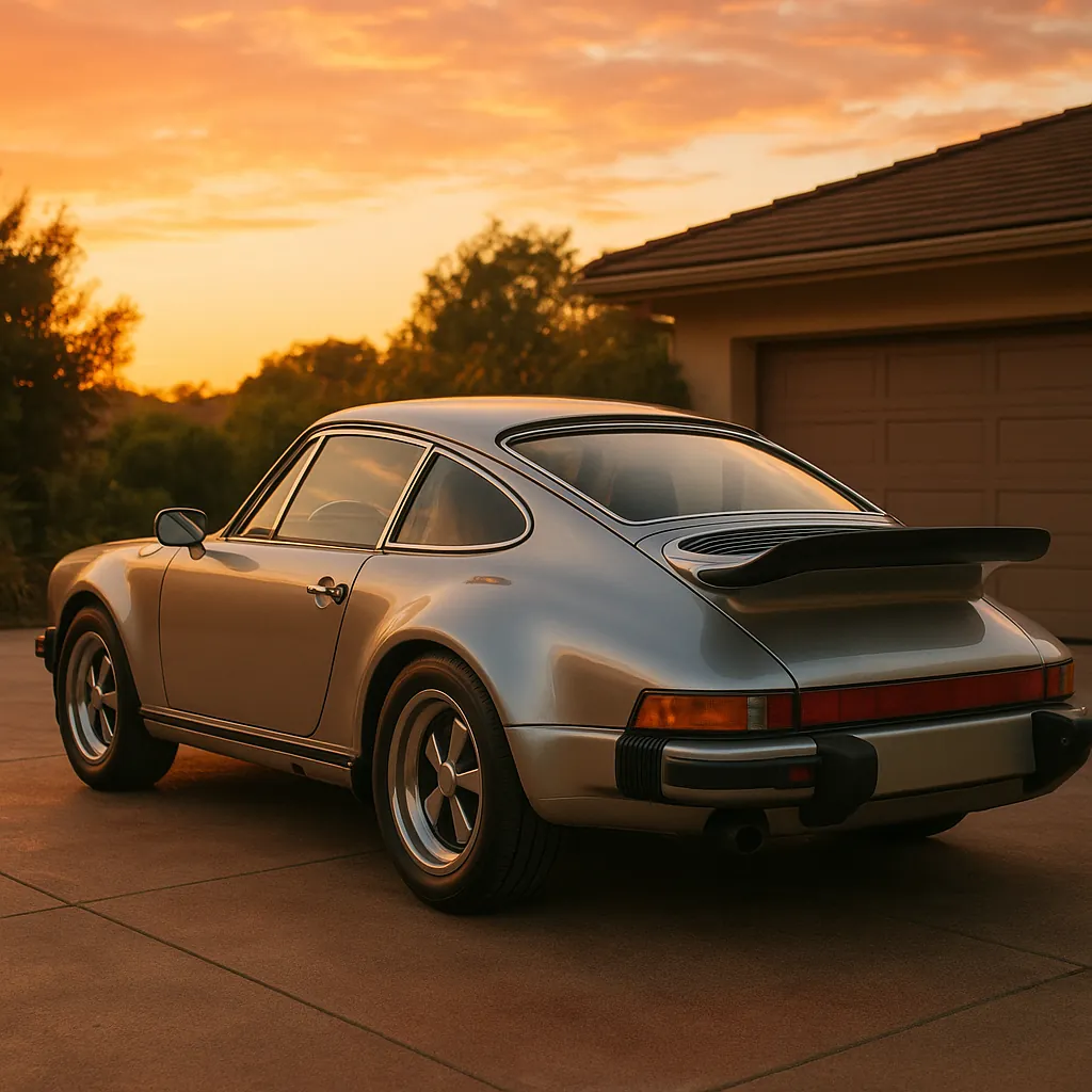 Discover a puzzle with a gleaming classic sports car parked in a quiet driveway at sunset.