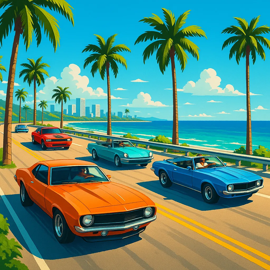Enjoy assembling a puzzle depicting a sunlit coastal drive with classic muscle cars — orange, blue, and red — cruising along a palm‑lined highway beside a turqu