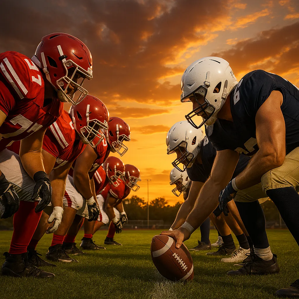 Discover a puzzle with a dramatic American football scene: two opposing lines of players in red and navy uniforms, helmets gleaming as the center grips the ball