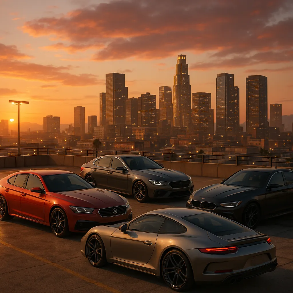Discover a puzzle with a sleek rooftop scene showing four sports and luxury cars parked against a glowing city skyline at sunset.