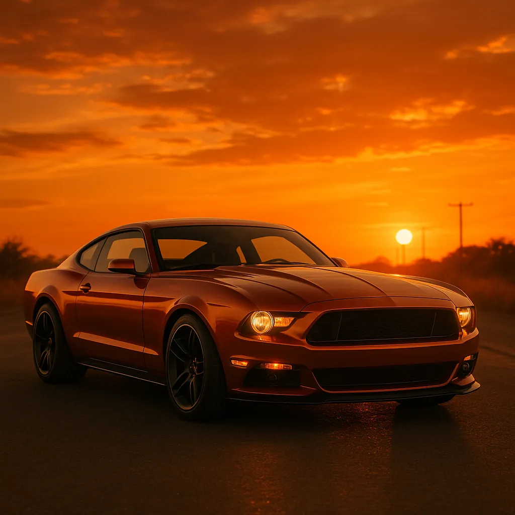 Discover a puzzle with a sleek muscle car parked on a quiet road at sunset, its glossy orange-red paint reflecting the warm, golden sky.