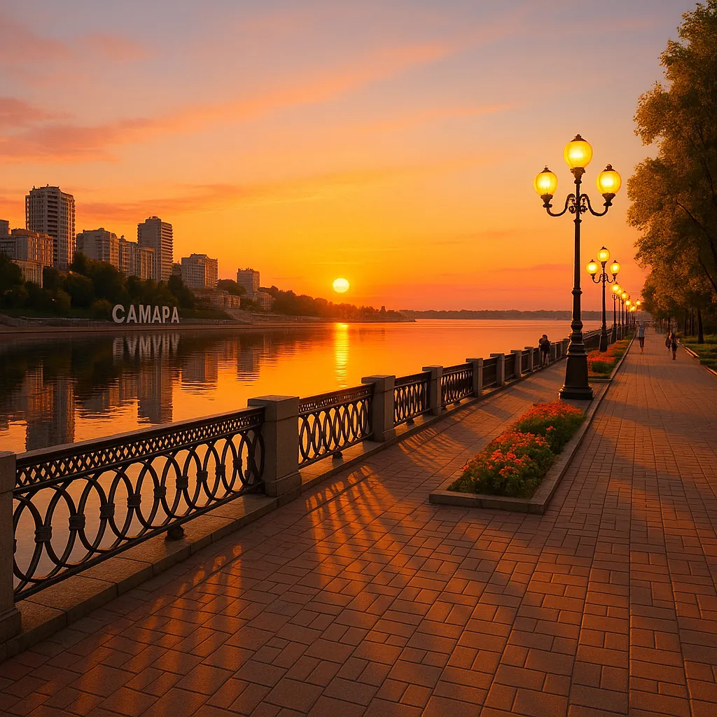 Discover a puzzle with a golden-hour riverside promenade at sunset, where warm orange and pink skies reflect on calm water beside a graceful city skyline.