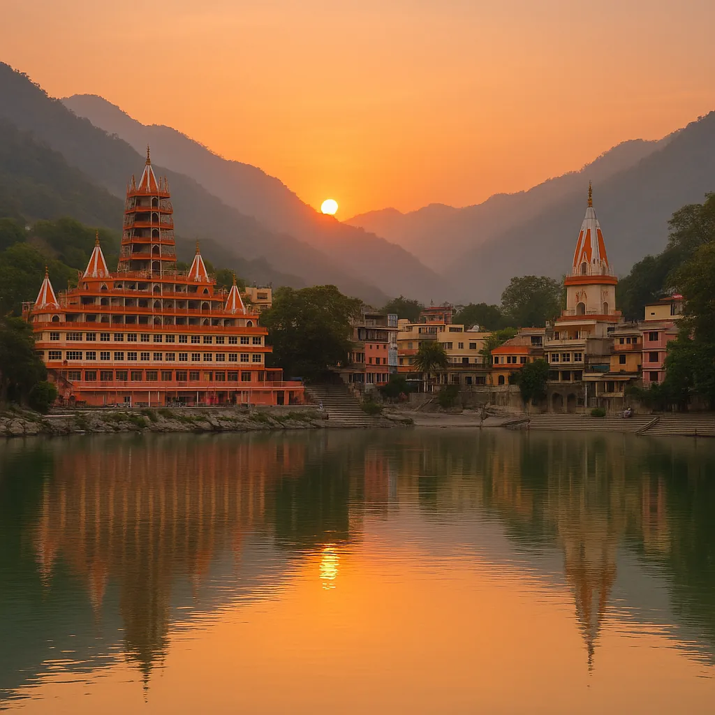 Discover a puzzle with a serene riverside temple town at sunset, where tiered orange and white spires sit against misty blue-green mountains and a glowing golde