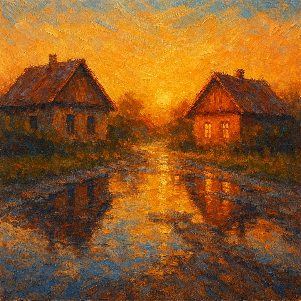 Enjoy assembling a puzzle depicting a pair of cozy rural houses mirrored in a rain-slicked road at sunset.