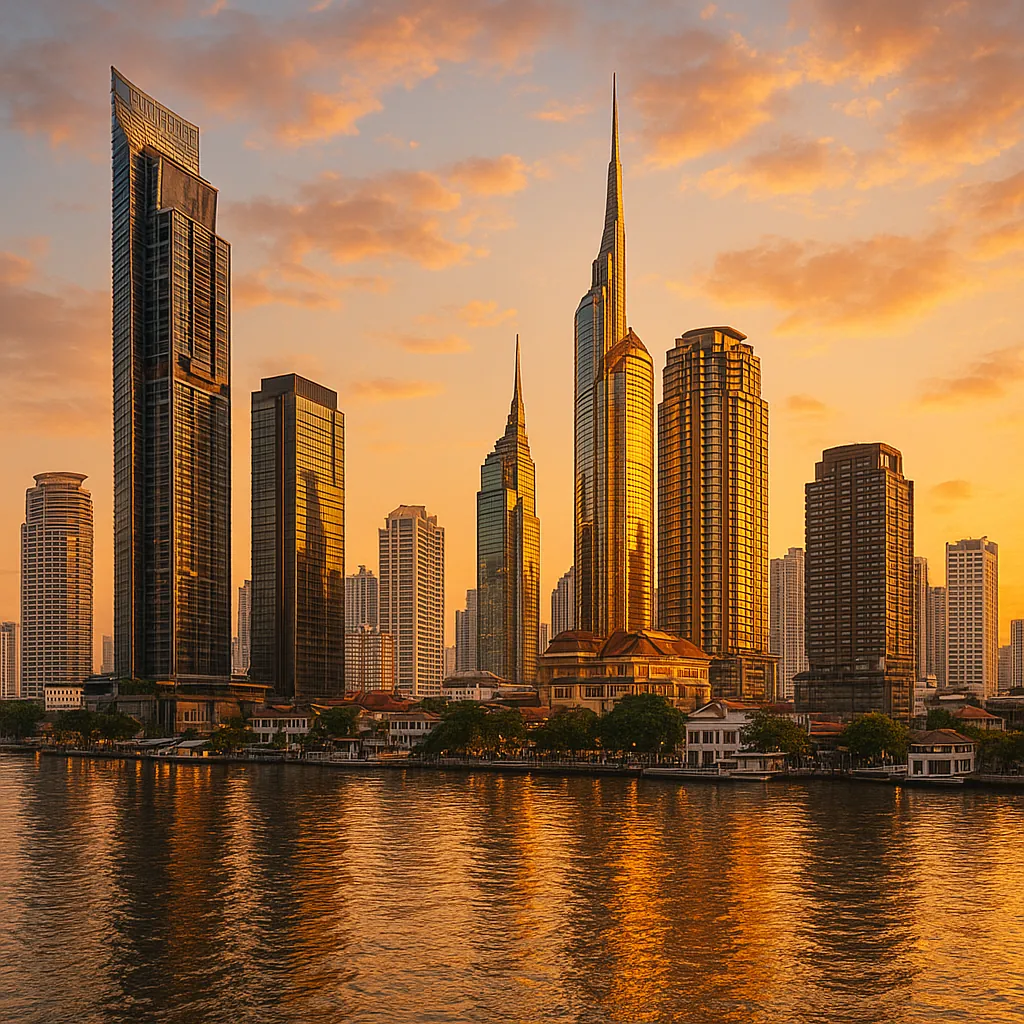 Discover a puzzle with a golden city skyline at sunset, featuring sleek skyscrapers bathed in warm orange light and tall spires reflecting on a calm river.