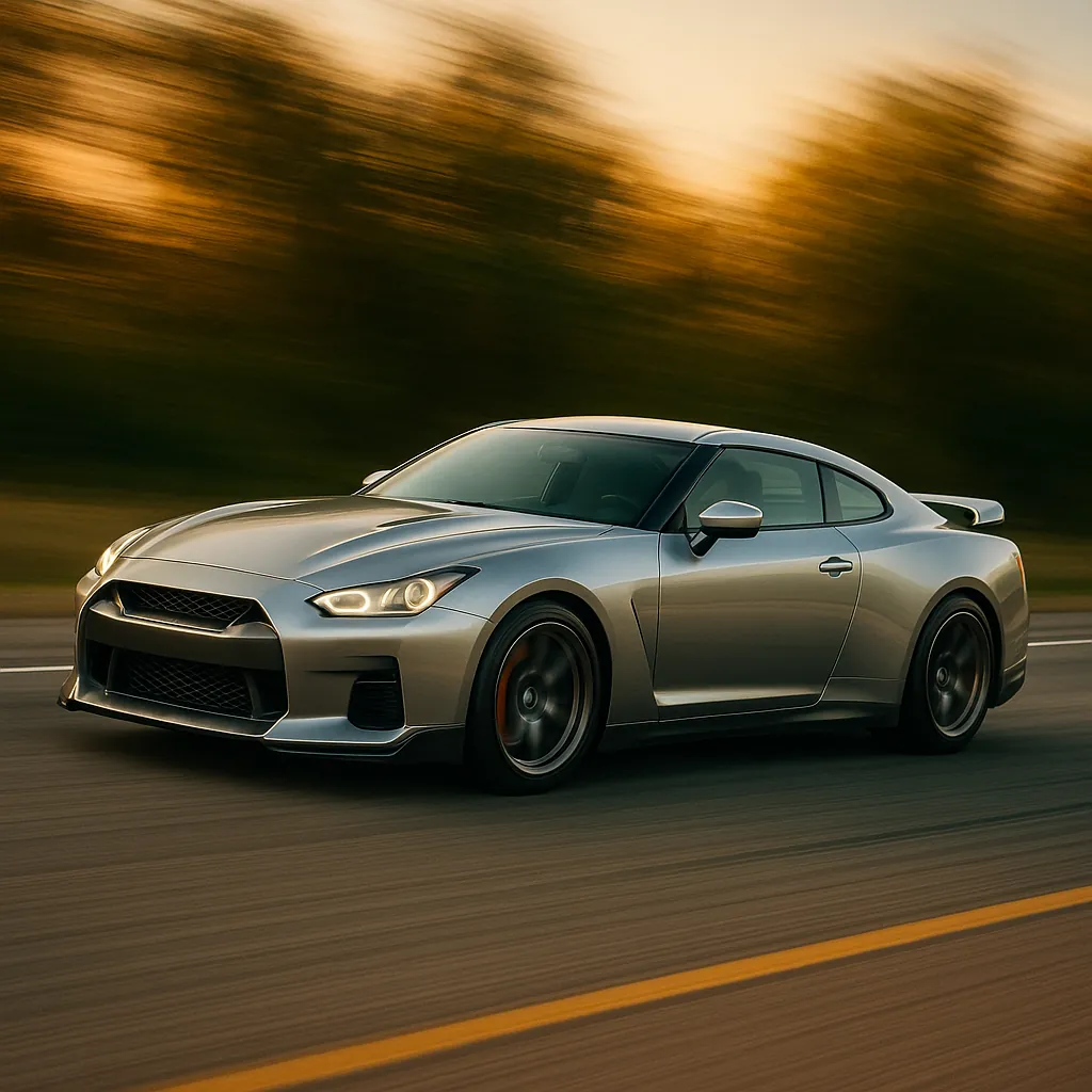 Discover a puzzle with a sleek silver sports coupe gliding along a highway at sunset.