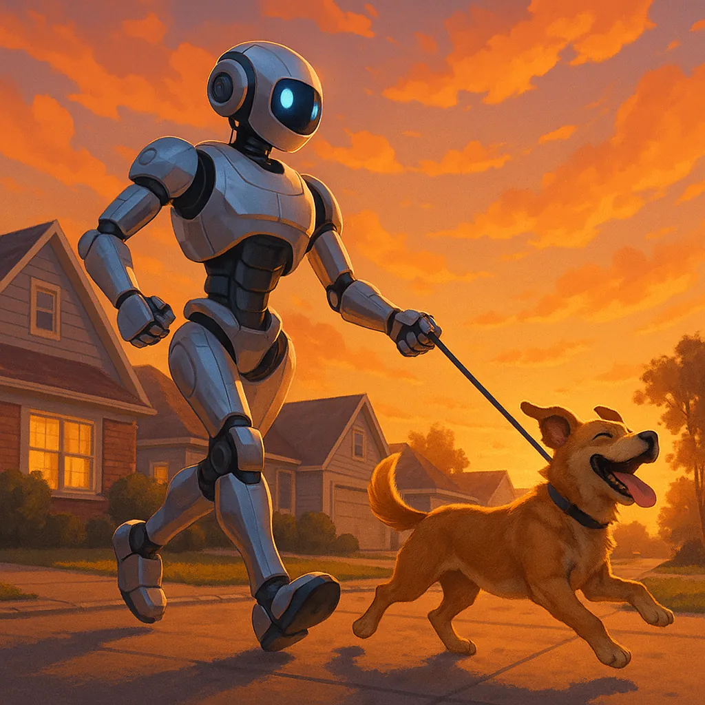 Enjoy assembling a puzzle depicting a friendly robot walking a joyful dog through a quiet suburban street at sunset.