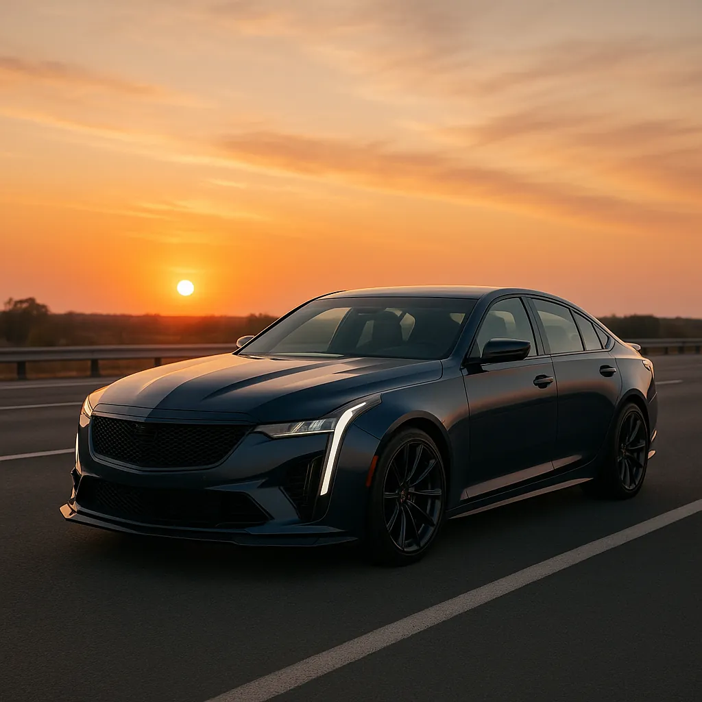 Discover a puzzle with a sleek dark sedan parked on an open highway as a golden sunset paints the sky in warm oranges and soft pinks — reflective car surfaces c