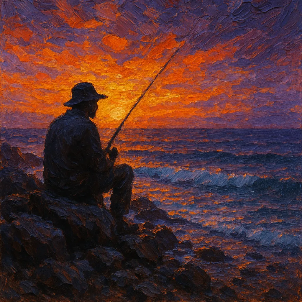 Discover apuzzlewithaserenesceneofaasolitaryfishermanperchedonjaggedseasiderocksasthedaymeltsintoaresplendentsunset.Thisdigitaloilpaintingrenderedinathickimpast