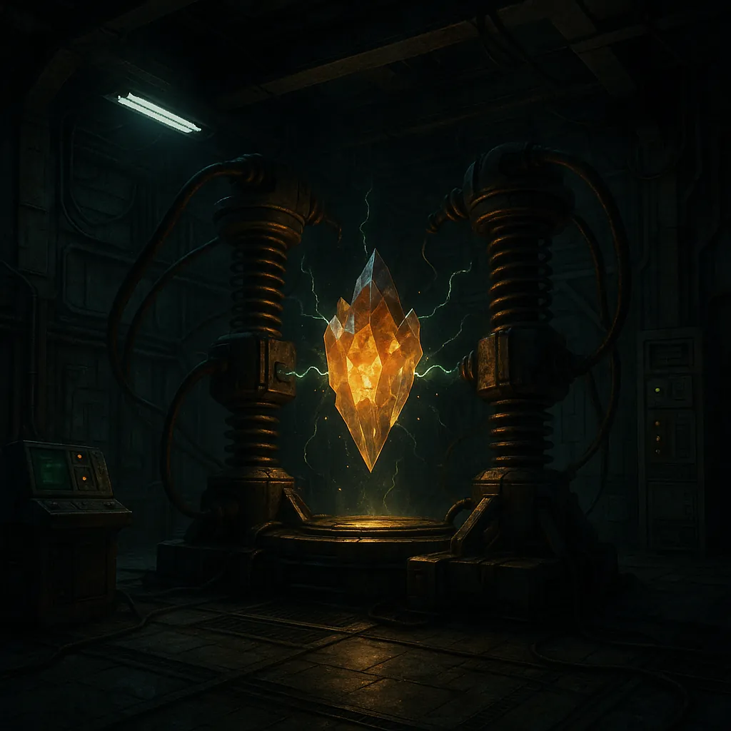 Discover a puzzle with a glowing amber crystal suspended in a shadowy, industrial lab — warm gold and deep teal tones contrast against textured metal machinery