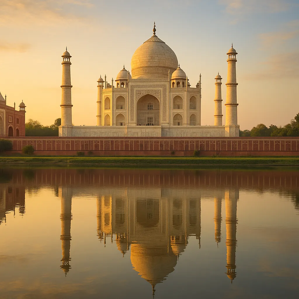 Discover a puzzle with the iconic white-marble mausoleum rising against a golden sunset, its domes and minarets perfectly mirrored in the calm river below.