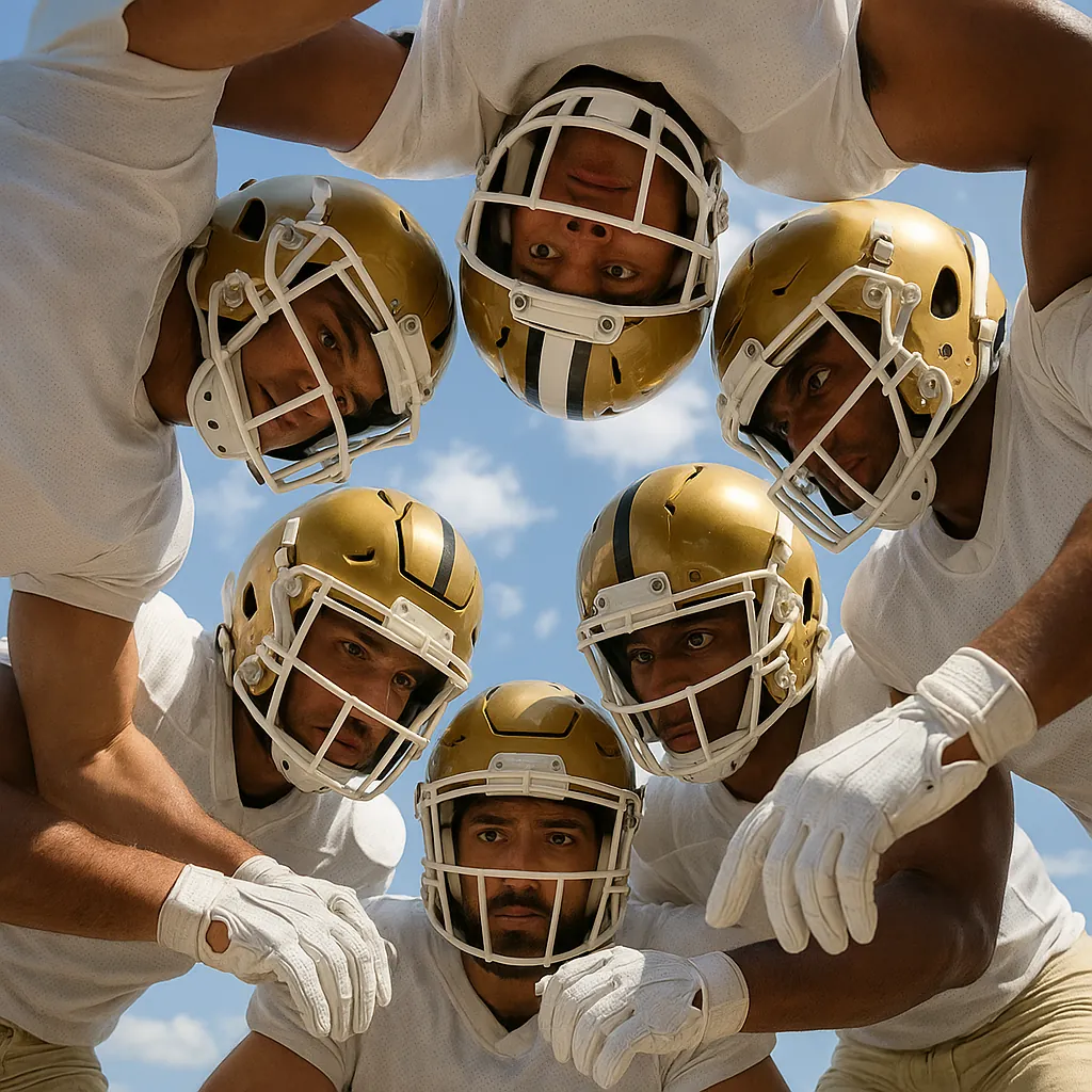 Discover a puzzle with a close-up huddle of American football players wearing gleaming gold helmets and white jerseys against a bright blue sky.