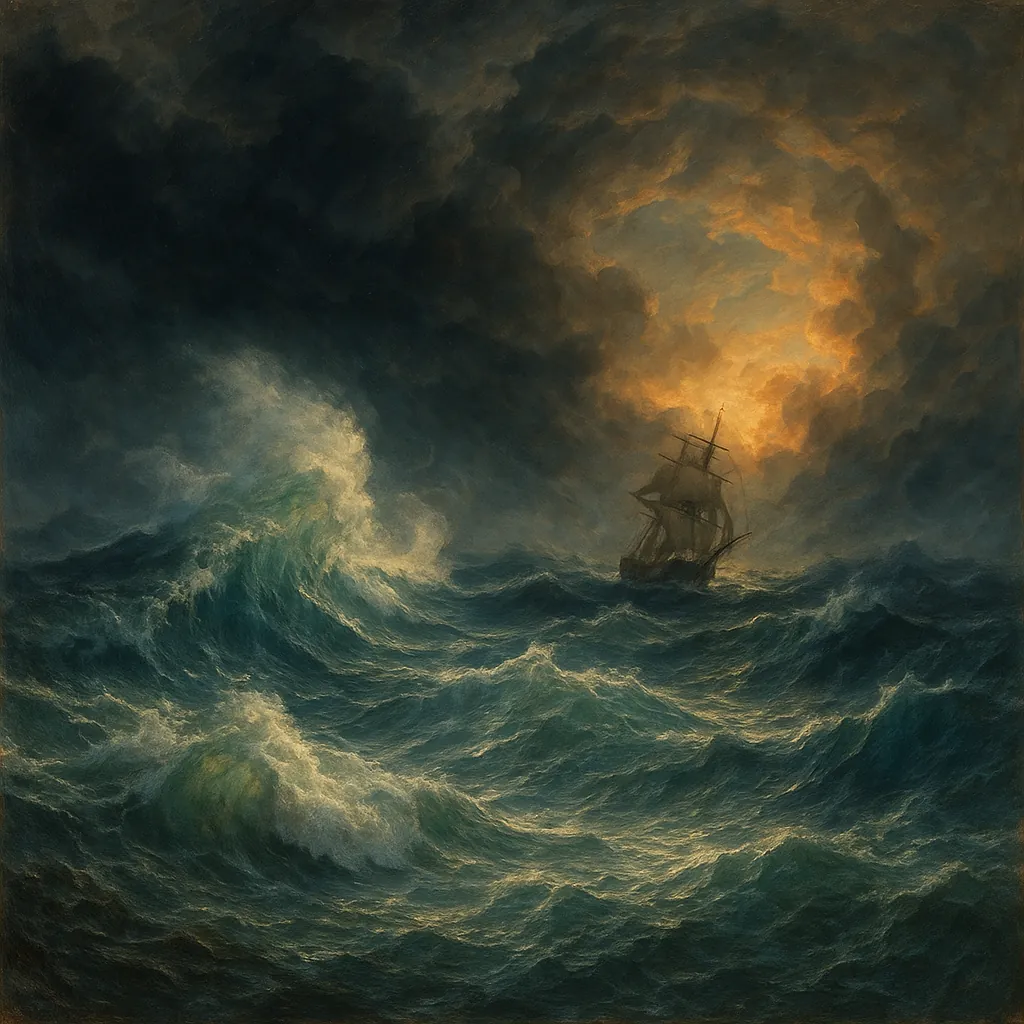 Discover a puzzle with a storm-tossed sailing ship braving towering ocean waves under a brooding, cloud-filled sky.