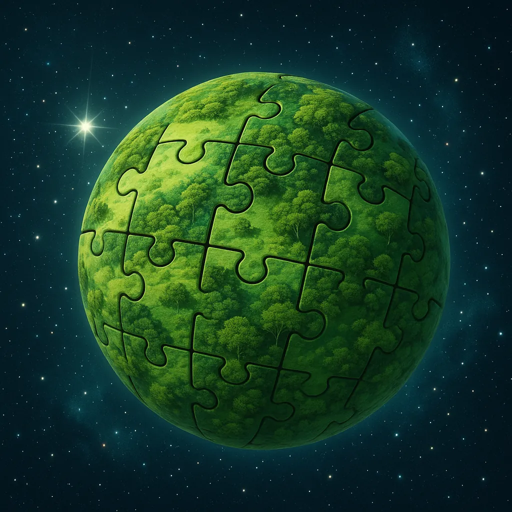 Discover a puzzle with a lush green planet made of interlocking jigsaw pieces, each piece textured like a canopy of trees against a deep teal, star-speckled spa