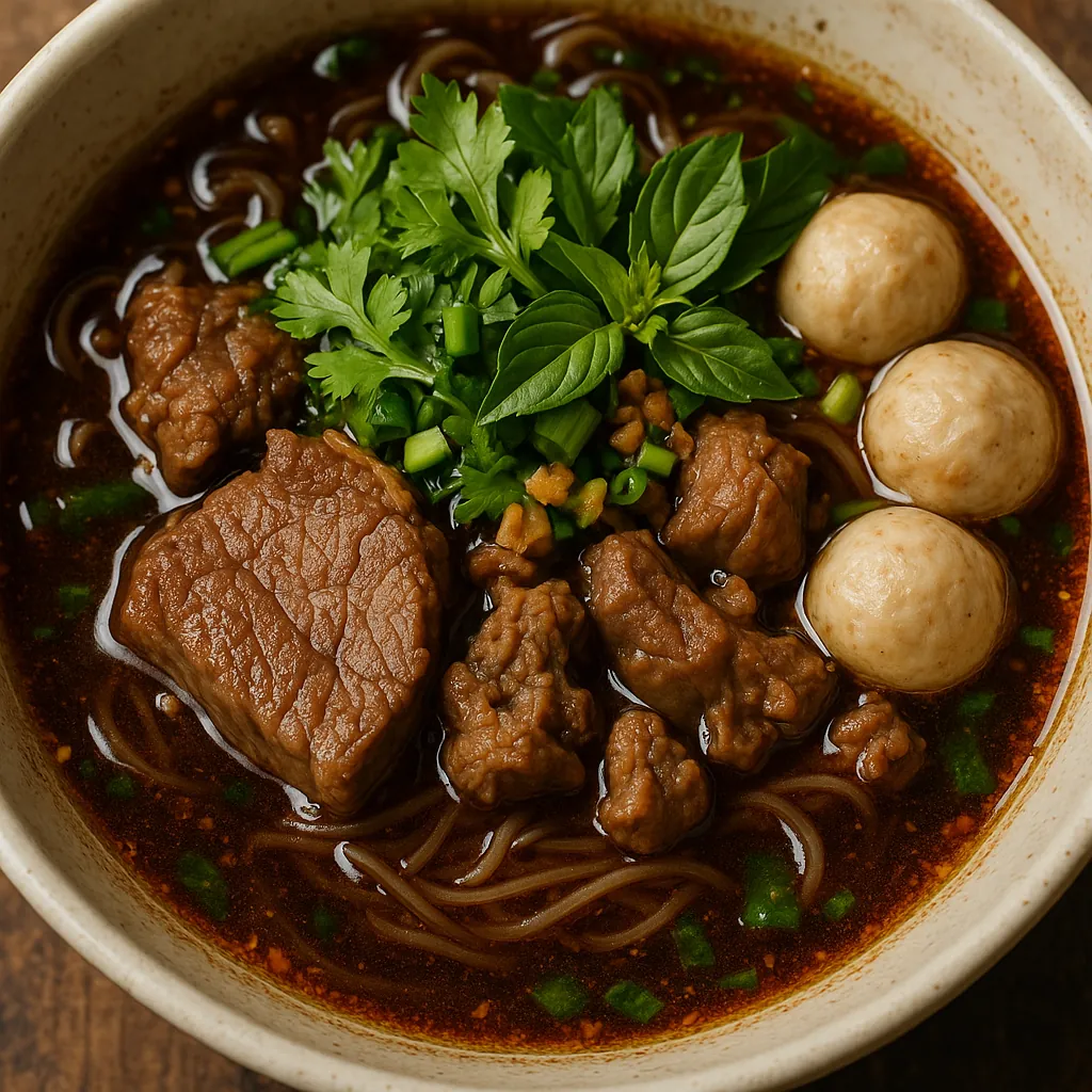 Discover a puzzle with a steaming bowl of beef noodle soup, rich with dark, savory broth, tender chunks of braised beef, round meatballs, and glossy noodles cur