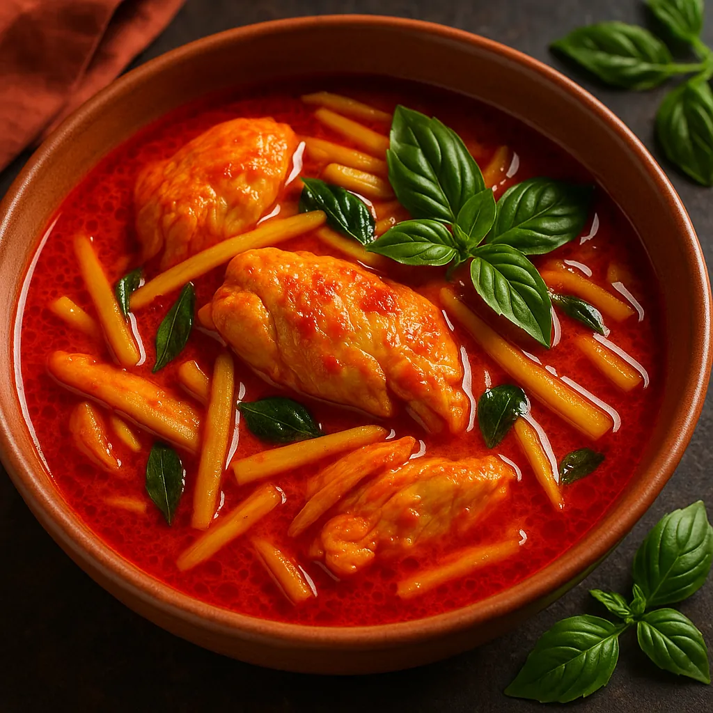 Discover a puzzle with a steaming bowl of tomato soup studded with tender pasta pieces and bright basil leaves.