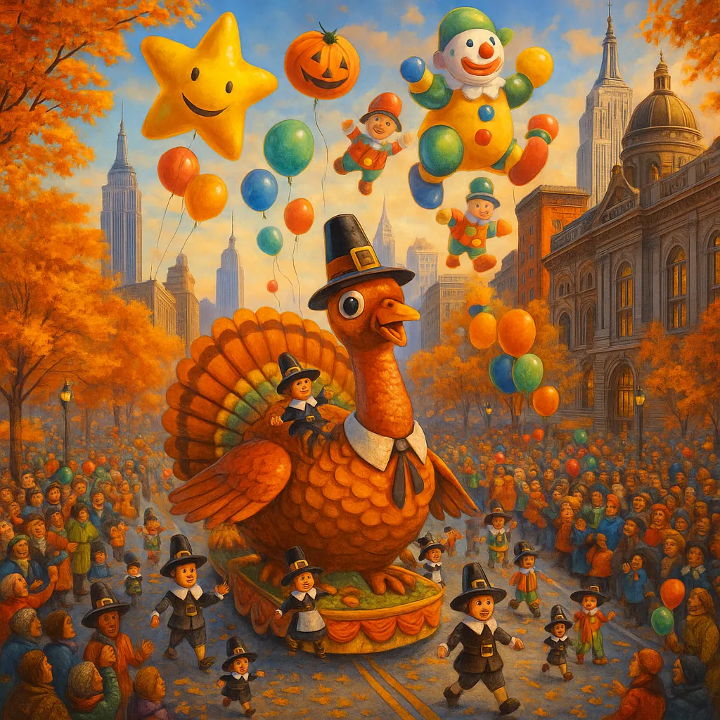 This vibrant scene captures a festive parade celebrating Thanksgiving, featuring a giant turkey float adorned with Pilgrim figures.