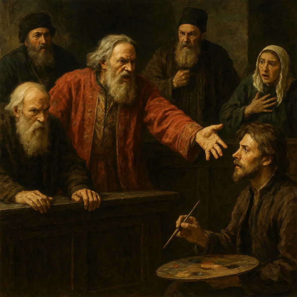 Discover a puzzle with a dramatic classical painting of a tense gallery scene: an elderly man in a red robe gestures passionately toward a young artist holding