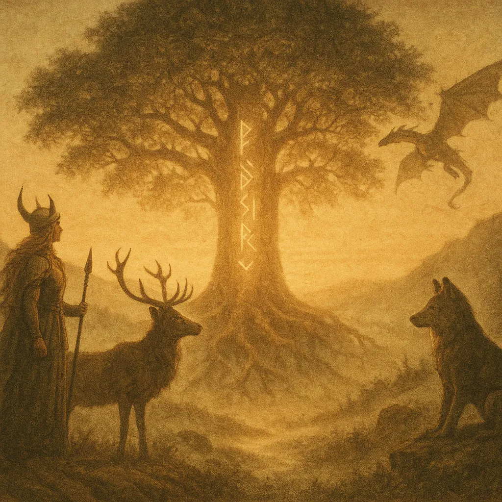 Enjoy assembling a puzzle depicting a misty fantasy scene centered on a great, ancient tree etched with glowing runes.